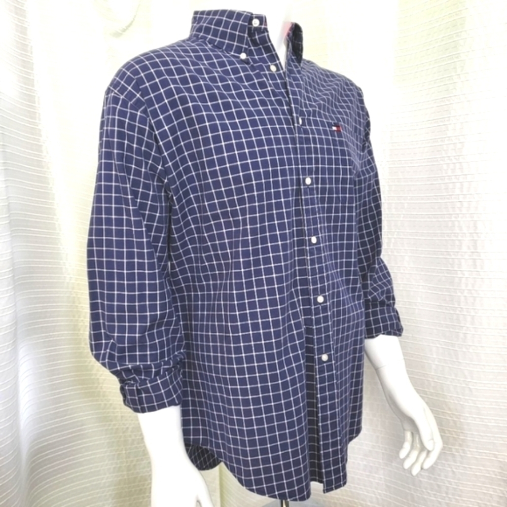 VTG 90s Window Pane Pattern Tommy Hilfiger Shirt Navy White Relaxed Fit Men's L